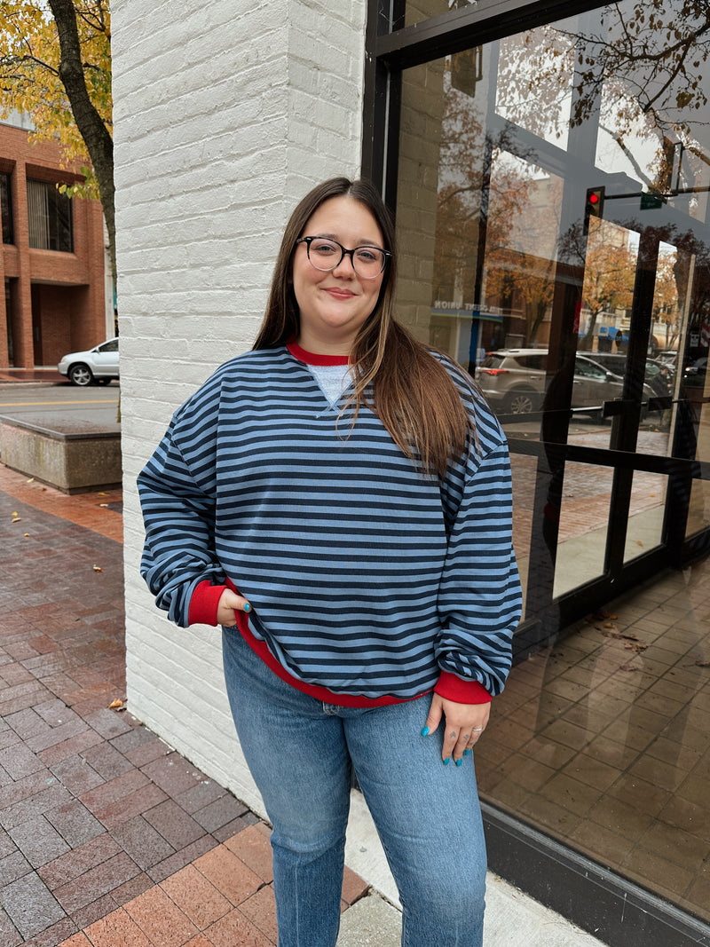 The Striped Crewneck Sweatshirt in Navy