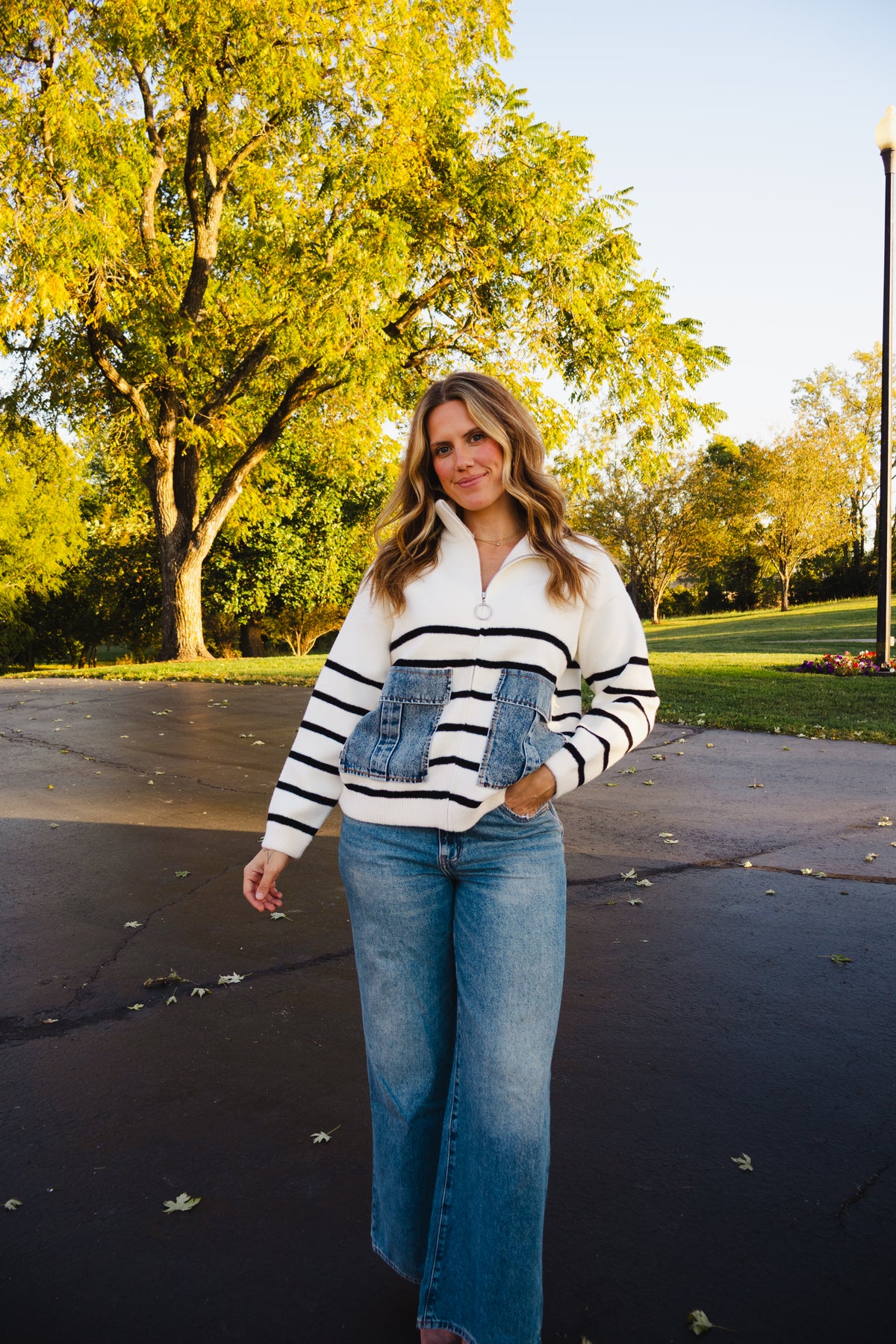 Denim Pocket Striped Cardigan