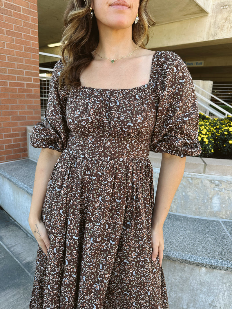 Chestnut Puff Sleeve Midi Dress