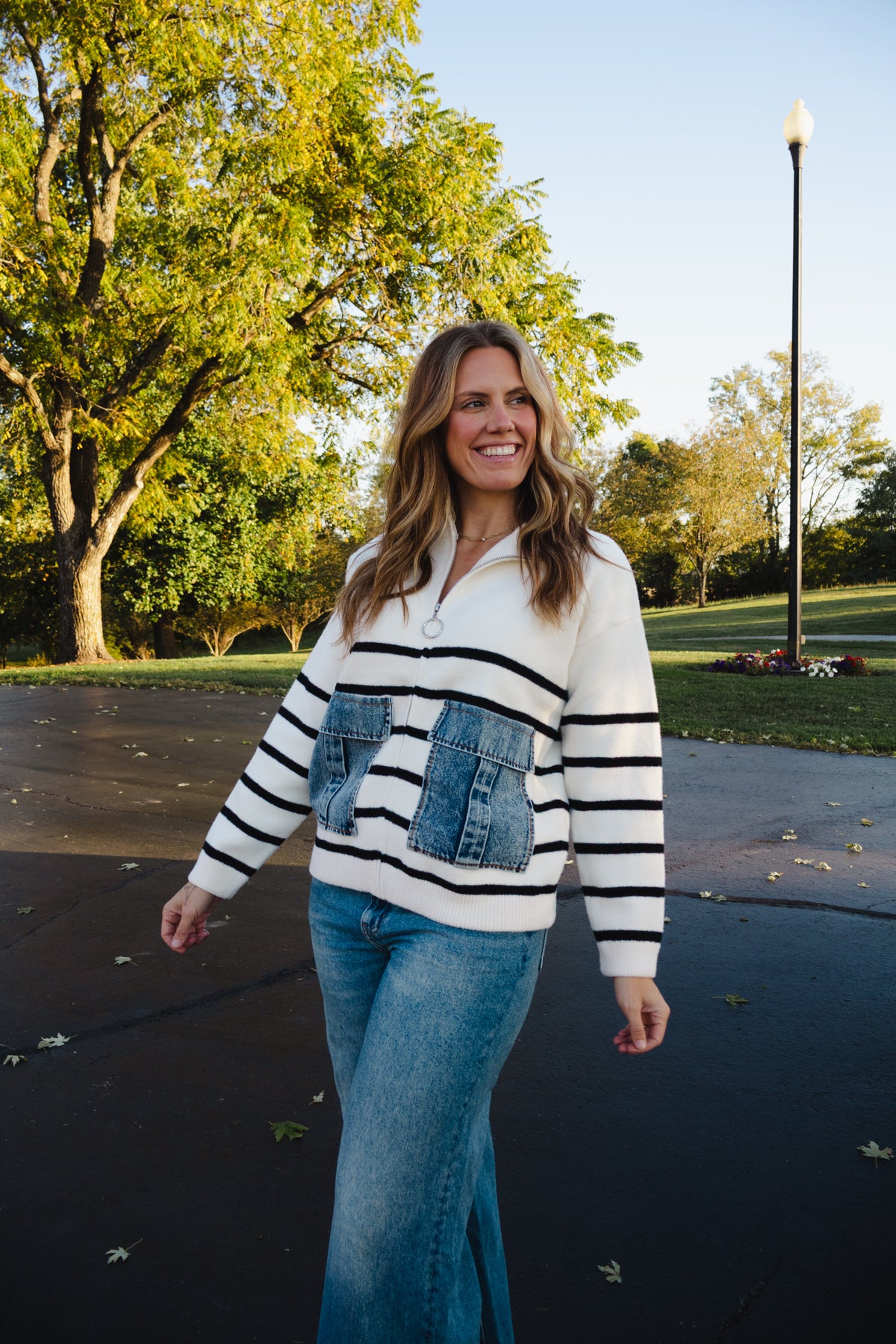 Denim Pocket Striped Cardigan