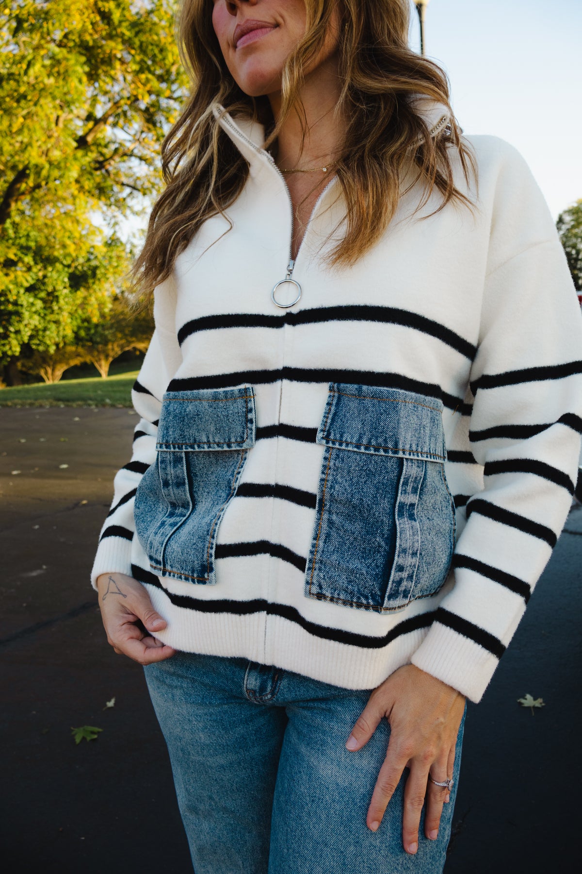 Denim Pocket Striped Cardigan