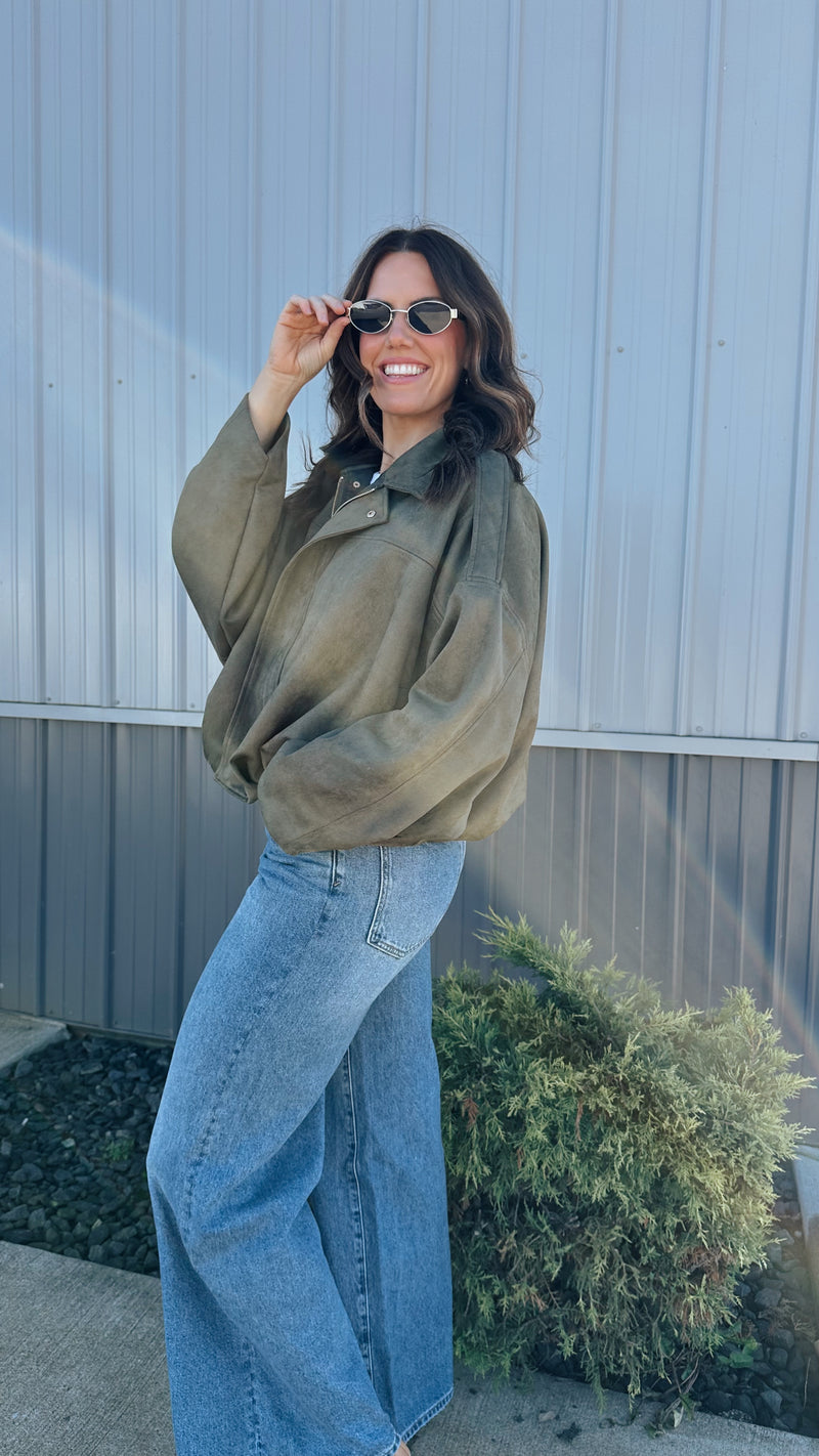 Suede Bomber Jacket in Olive