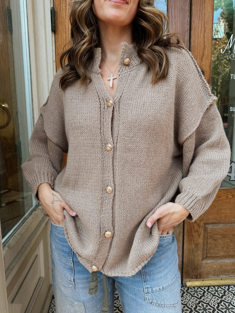 Cozy Gold Button Cardigan in Taupe