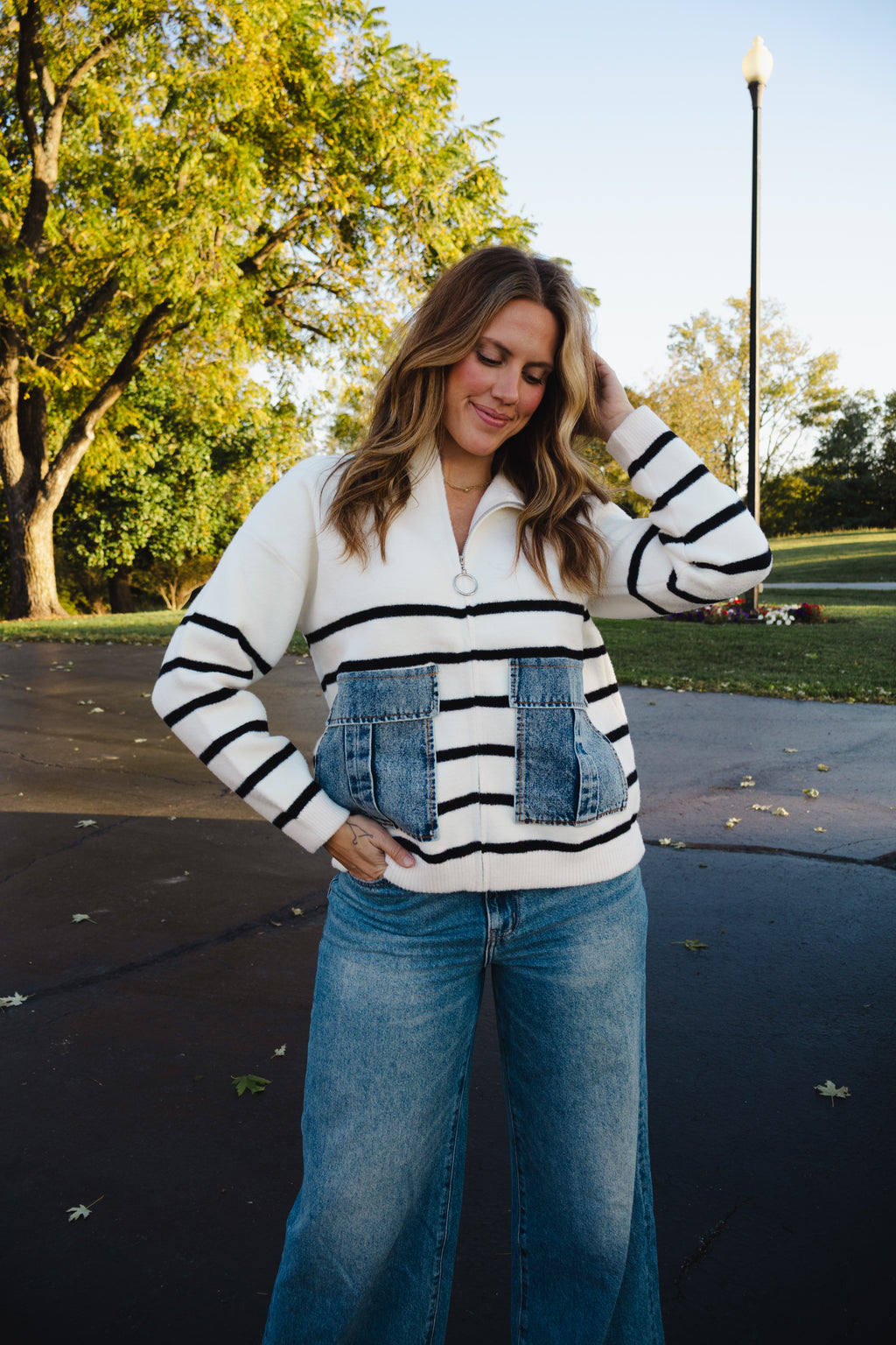 Denim Pocket Striped Cardigan