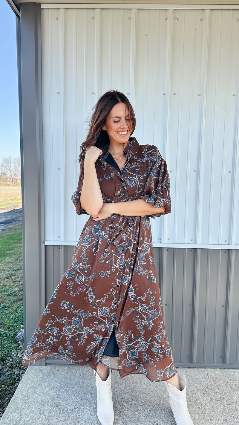 Floral Puff Sleeve Midi Dress