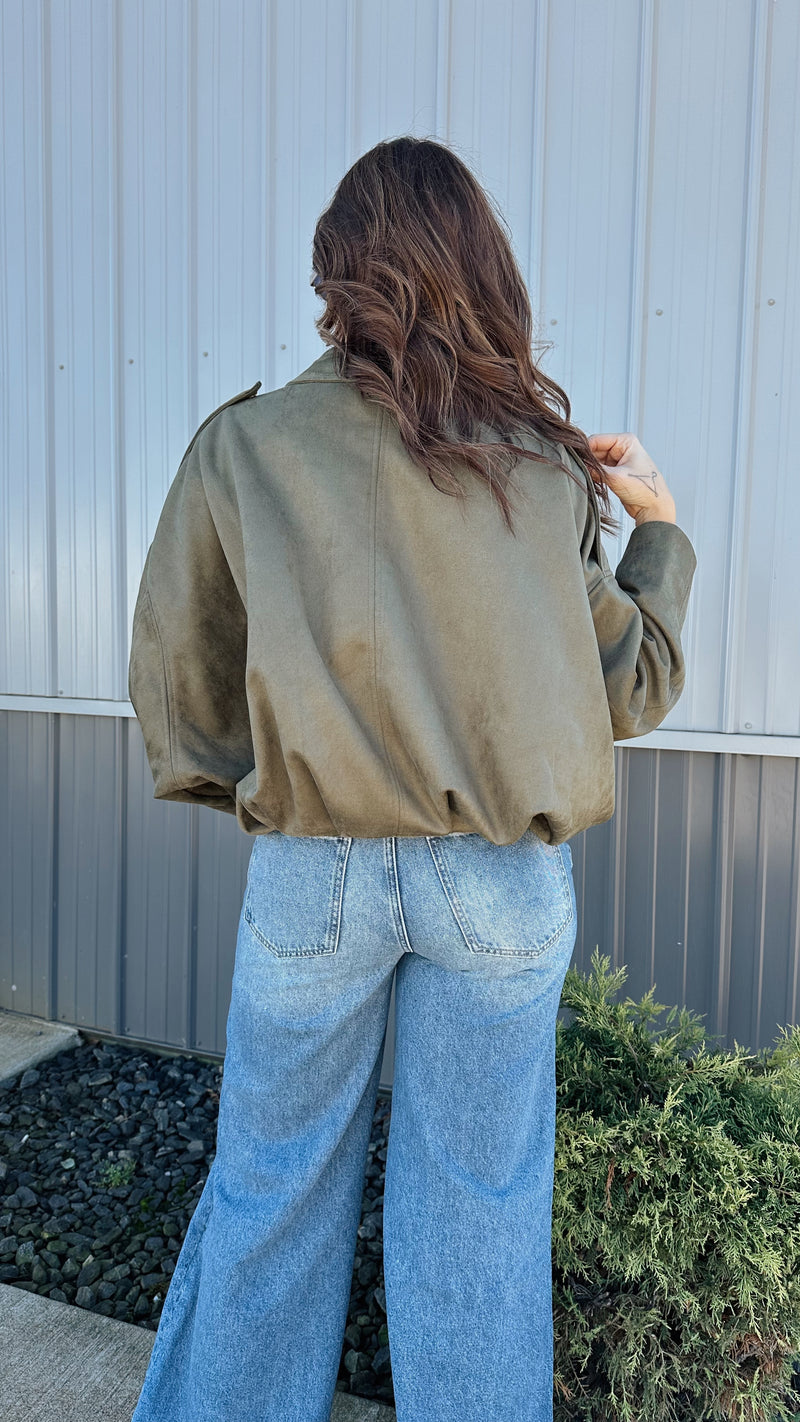 Suede Bomber Jacket in Olive
