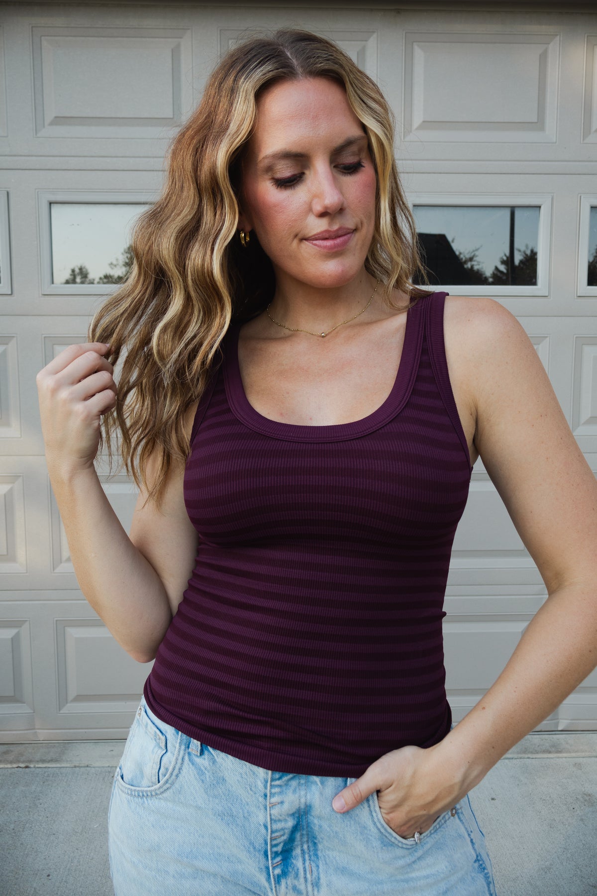 Reversible Striped Tank in Raisin