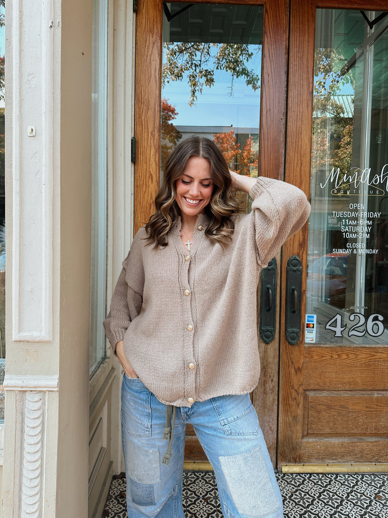 Cozy Gold Button Cardigan in Taupe