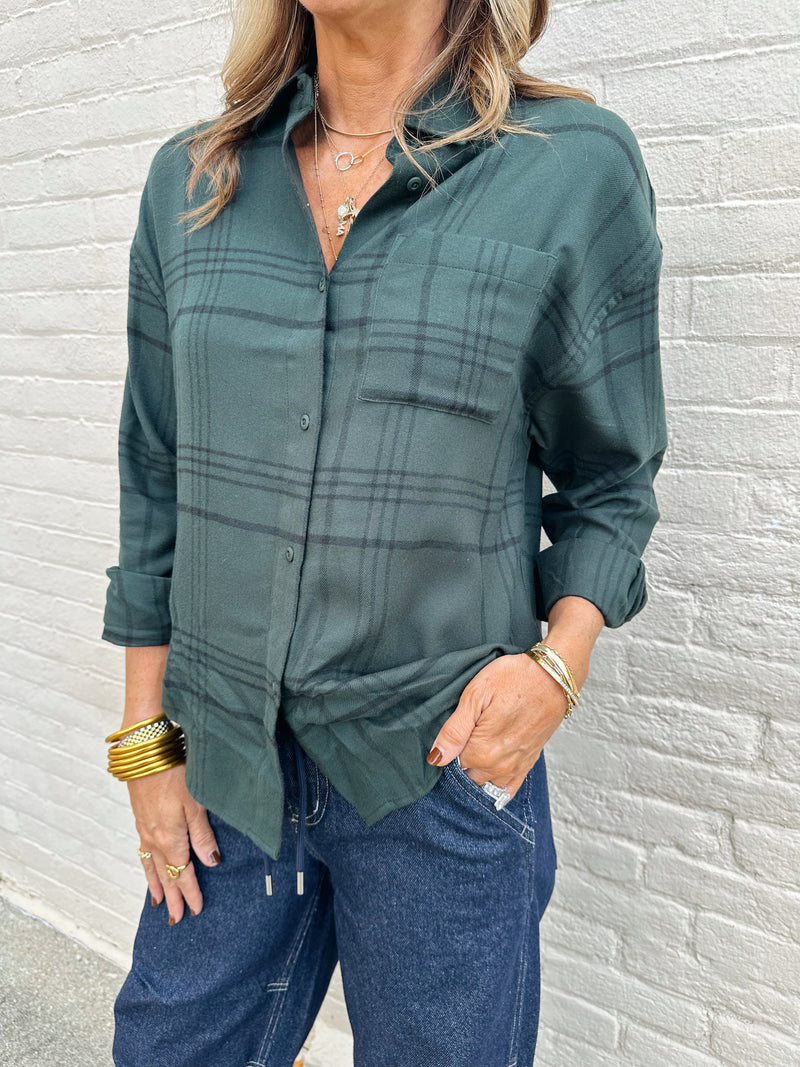 River Plaid Button Up in Cyprus Green